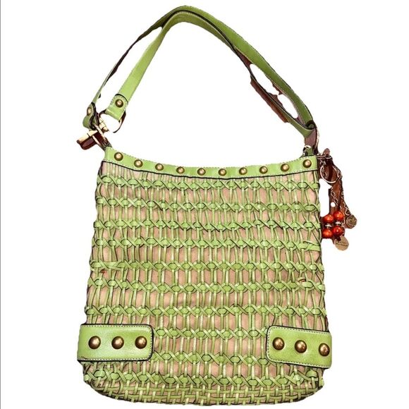 Y2K Studded Green Woven Convertible Crossbody Shoulder Bag Brass Hardware - Picture 1 of 8